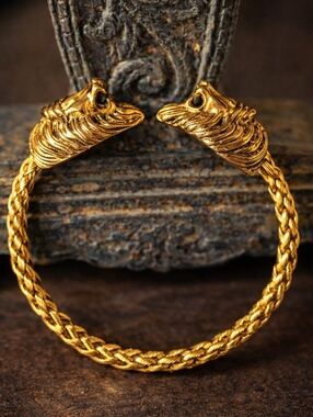 Unisex Stainless Steel Gold Two Lion Heads Cuff Bracelet